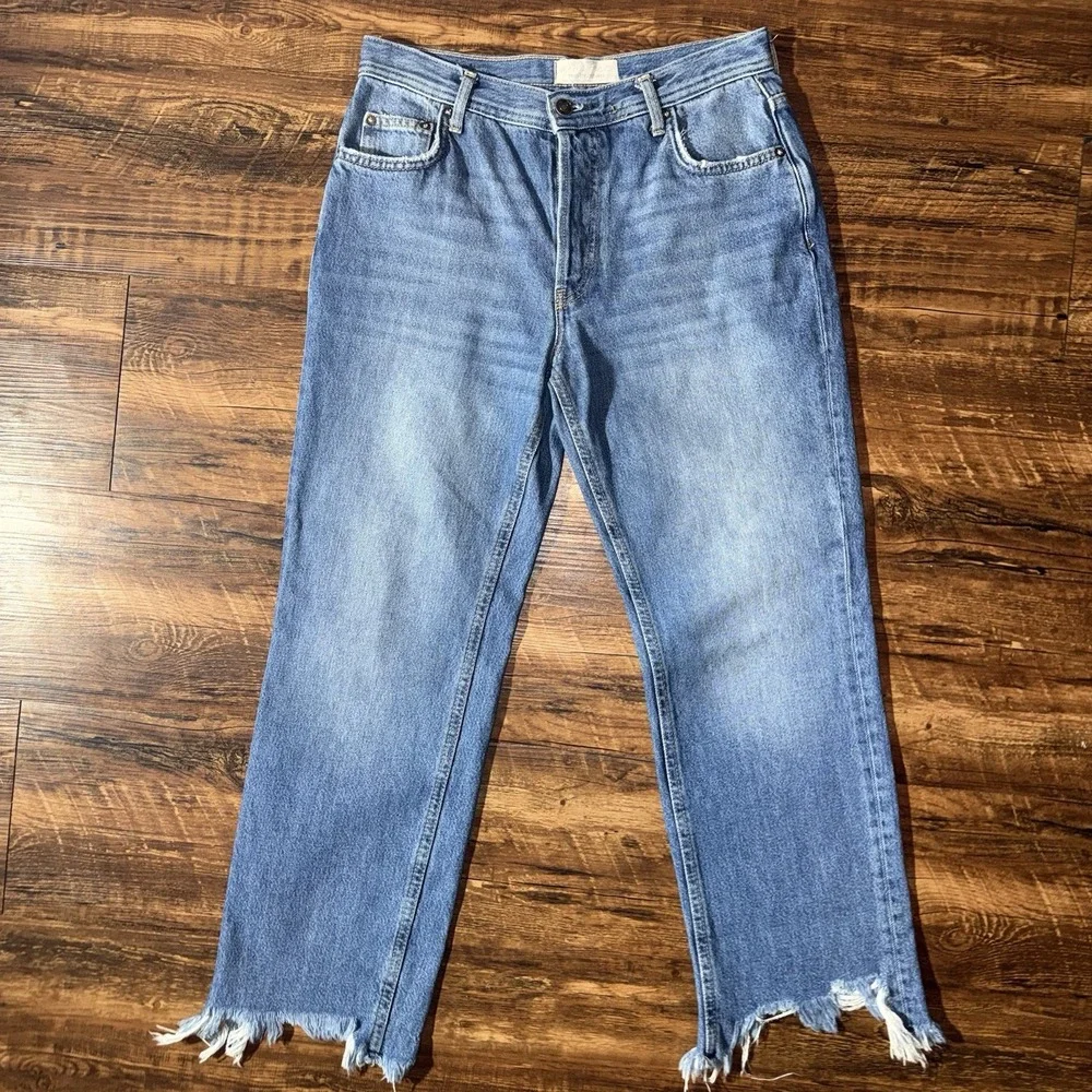 Free People Button Fly Ankle Distressed Hems Blue Jeans Women's Size 27